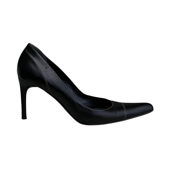 Ralph Lauren Made in Italy Black Leather Heels Pumps White Stitching Size 8 B - Picture 1 of 10